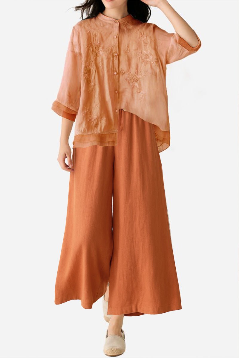 Breathable Cotton Linen Tuscany two-piece set with sheer embroidered top and wide-leg trousers in terracotta color
