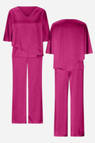 Elegant Layers two-piece set in vibrant pink with layered V-neck top and straight-leg pants, lightweight and wrinkle-resistant fabric.