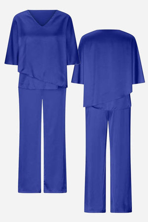 Elegant Layers Two-Piece Set in royal blue with V-neck layered top and straight-leg pants, lightweight and wrinkle-resistant polyester fabric.