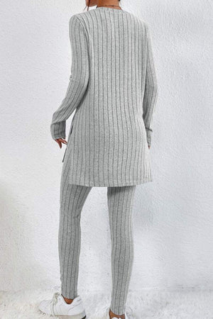 Back view of grey Butter Touch Ribbed Two-Piece Set with long ribbed top and matching ribbed leggings worn with white sneakers