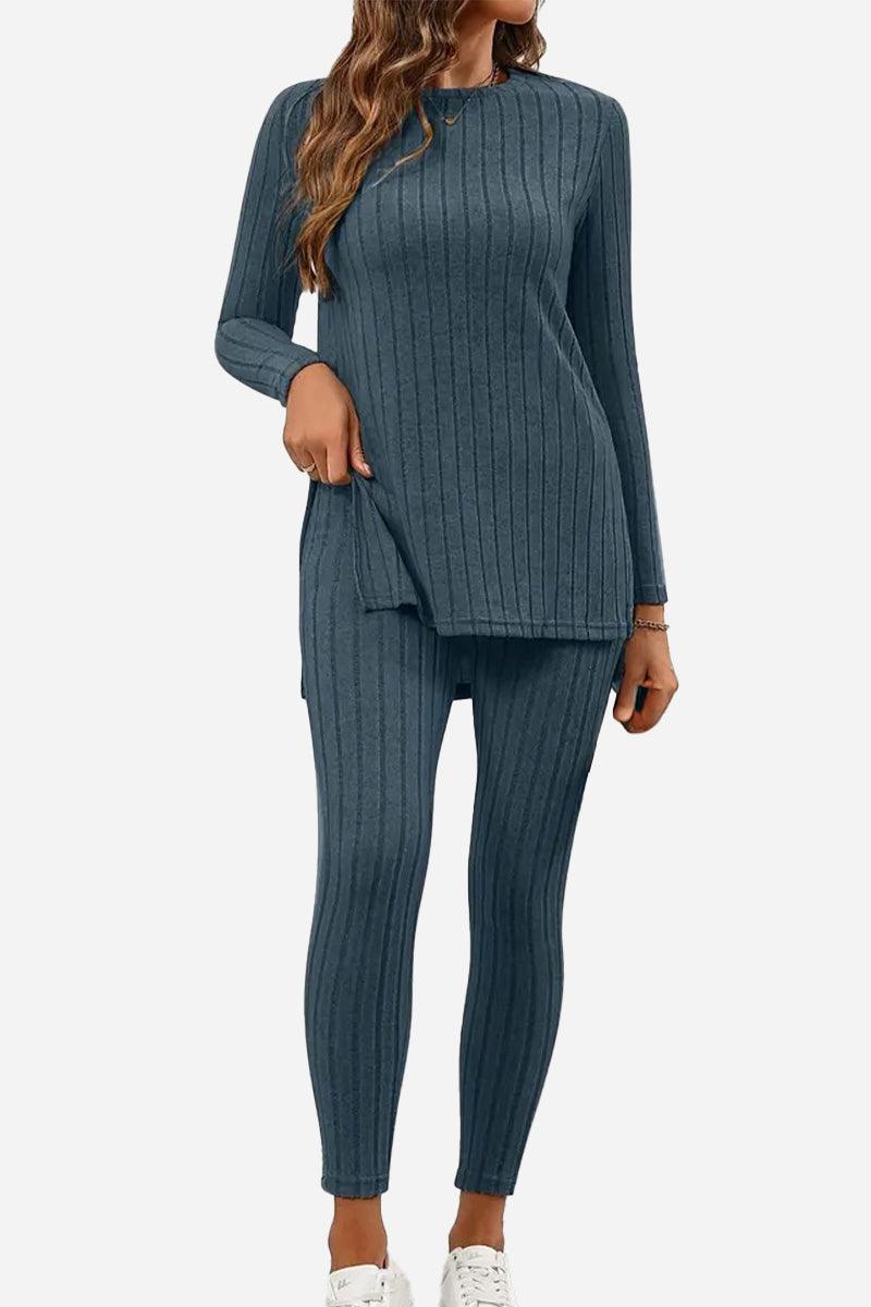 Butter Touch Ribbed Two-Piece Set in dark blue with stretchy, ribbed knit fabric and long sleeves.