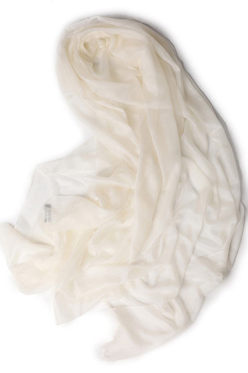 100% cashmere featherlight luxury scarf in soft white, lightweight and warm for all seasons
