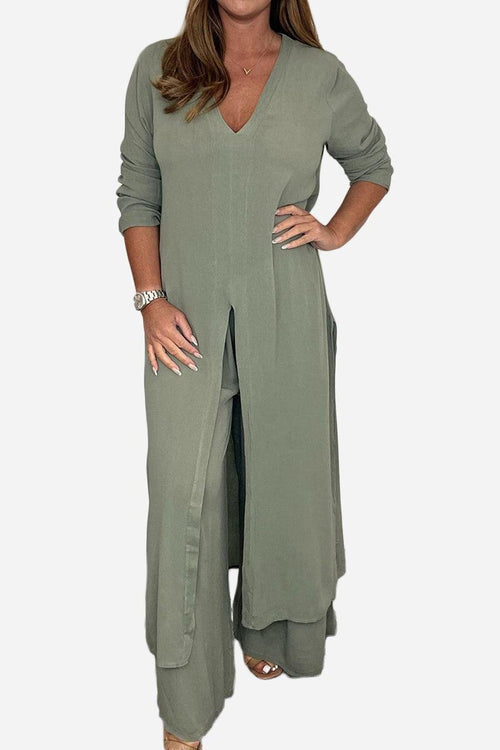 Woman wearing sage green Urban Chic V-Neck Split Top and matching wide-leg pants two-piece set