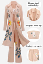 Elegant three-piece floral set with lapel collar coat, strapless top, and straight-cut pants in soft beige with colorful flower prints