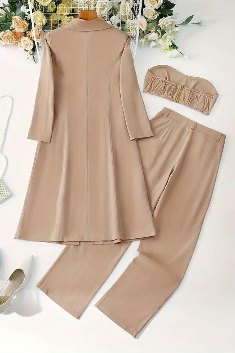 Beige three-piece floral set with long coat, strapless top, and pants laid flat with floral decor