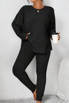 body confident oversized knit two-piece cozy black ribbed sweater and leggings set for women
