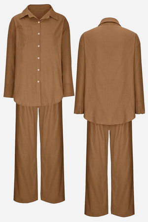 Brown cotton blend Vacation Essentials Cotton Set with button-up shirt and wide-leg pants shown from front and back.