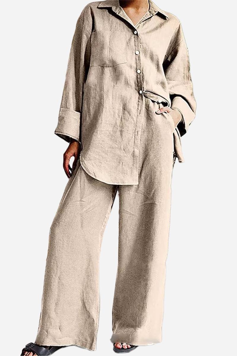 Beige relaxed-fit Vacation Essentials Cotton Set with oversized button-up top and wide-leg pants for comfortable travel style