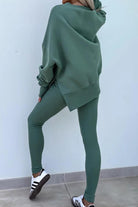 TimelessChic Ultra Comfortable Two-Piece Set in soft green stretch fabric with high-waisted leggings and relaxed top.