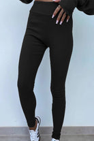 Close-up of black high-waisted leggings from TimelessChic Ultra Comfortable Two-Piece Set showing soft stretch fabric and fitted silhouette