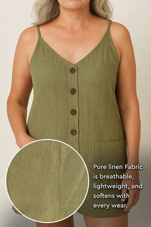 Woman wearing olive green 100% pure linen breathable jumpsuit with front buttons and pockets