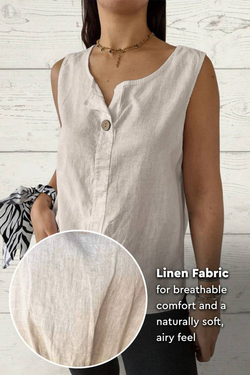 Woman wearing sleeveless 100% pure linen vest in natural color with breathable, soft fabric texture shown in inset