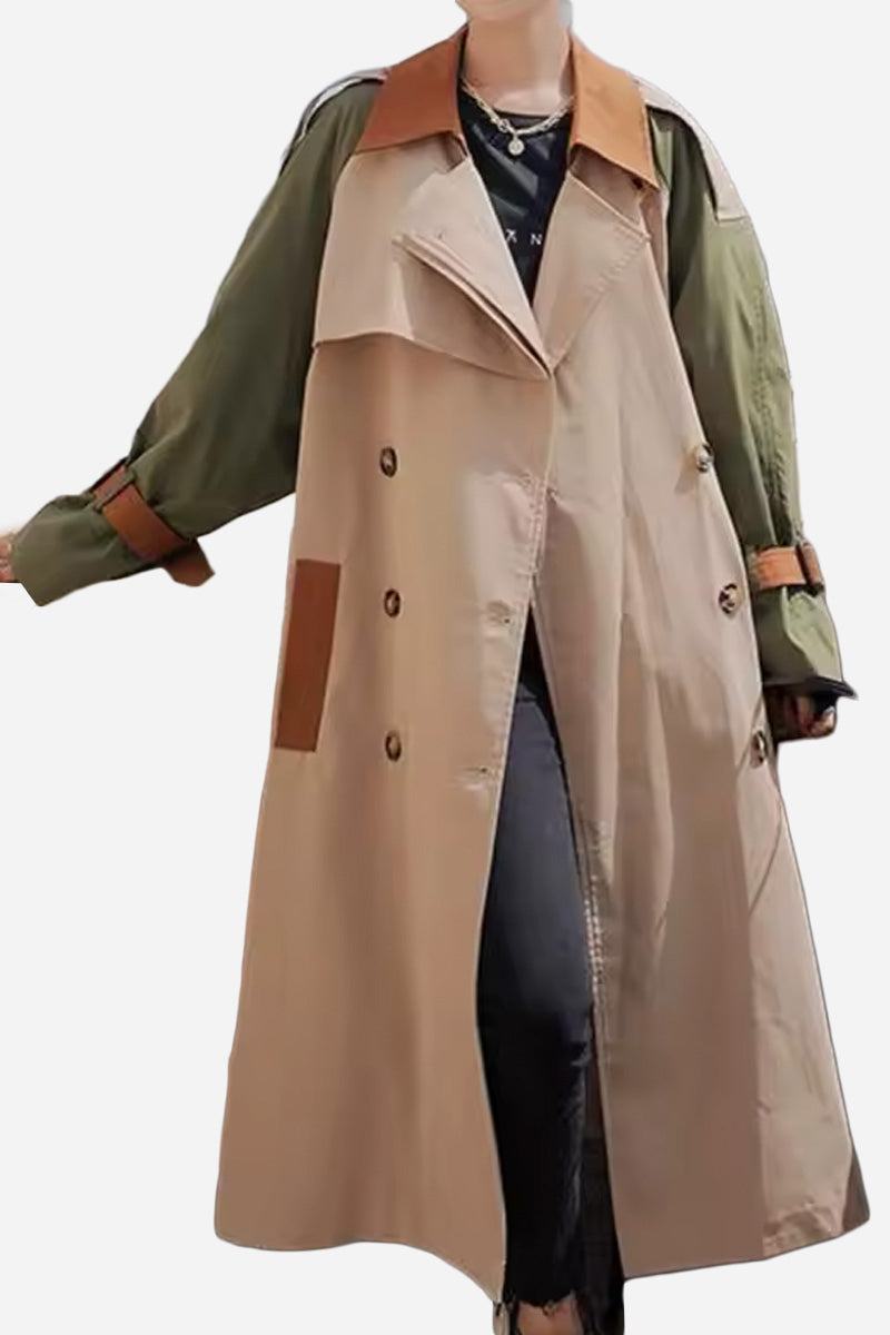 Urban Chic Oversized color block windbreaker with beige body and olive green sleeves, featuring double-breasted buttons and brown accents.