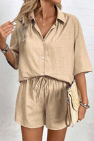 Coastal linen cotton two-piece set with button-down top and elastic waist shorts in beige breathable fabric