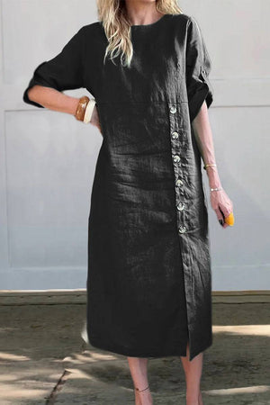 Black Pure Cotton Elegance midi dress with buttons and three-quarter sleeves for comfortable stylish wear