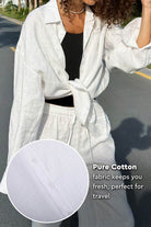 woman wearing white 100 cotton wanderlust two piece set with breathable fabric perfect for travel