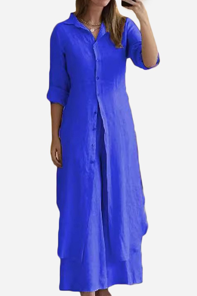 refined comfort blue wide-leg two-piece set with long button-up top