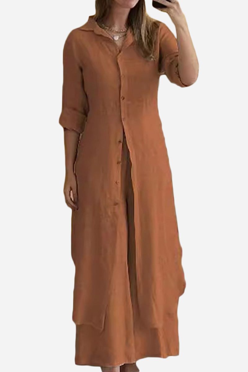 Refined Comfort coordinated wide-leg two-piece set in warm rust with long draped top and relaxed fit pants