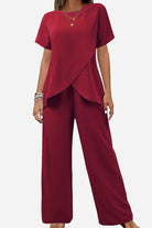 Textured Elegance burgundy two-piece set with asymmetrical top and wide-leg pants for comfortable, stylish wear