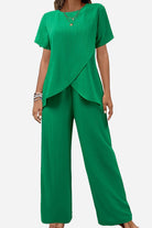 Green textured elegance two-piece set with asymmetrical top and wide-leg pants for comfortable, stylish wear