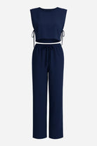 breathable cotton-linen blend navy blue sleeveless crop top and drawstring pants set for women