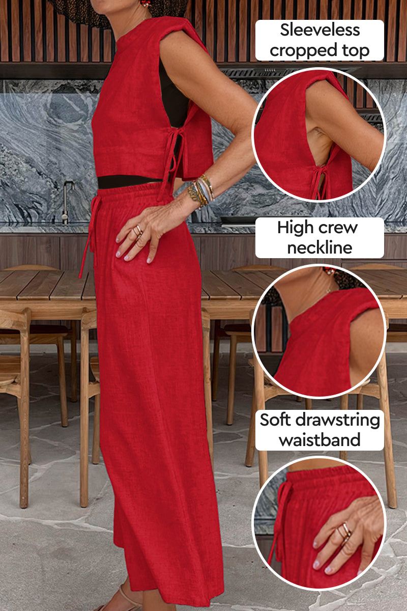 Breathable cotton-linen sleeveless cropped top and wide-leg pants set in red with high crew neckline and soft drawstring waistband.