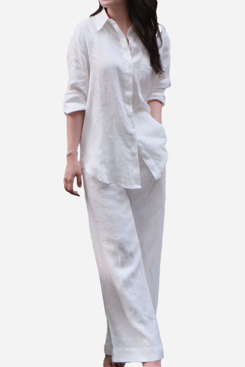Woman wearing 100% linen natural comfort white two-piece outfit with relaxed fit