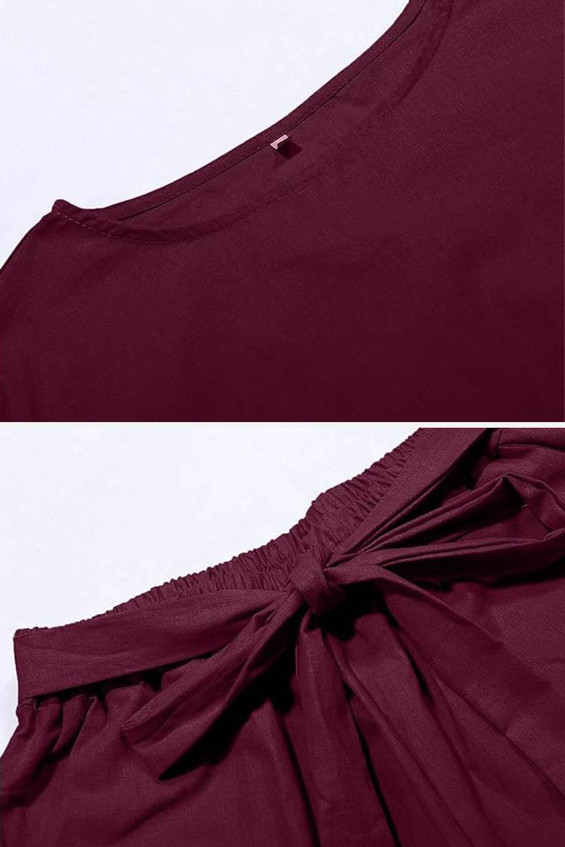 Cotton-linen blend monochrome two-piece set in deep burgundy with relaxed fit and soft drape