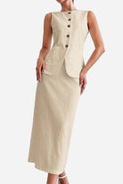 Beige cotton-linen blend sleeveless vest and high-waisted skirt two-piece set