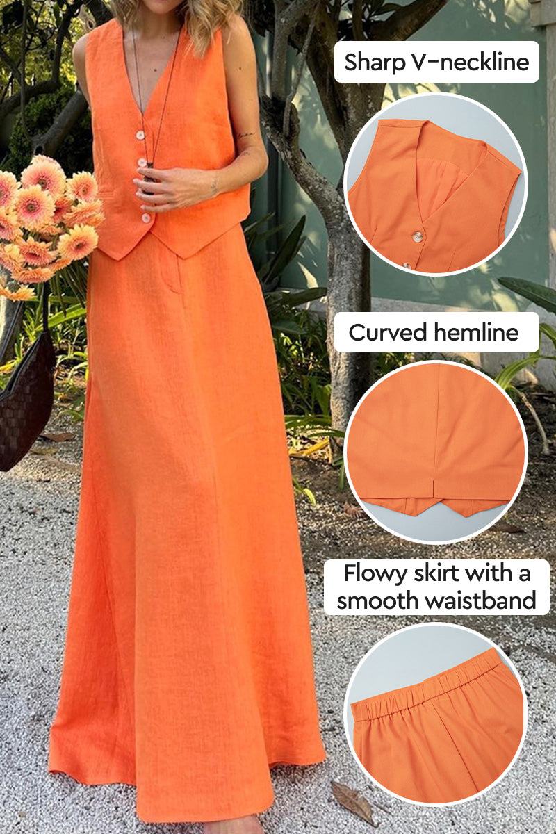 Woman wearing vibrant orange cotton-linen blend two-piece set with sharp V-neckline vest and flowy skirt with curved hem and smooth waistband outdoors