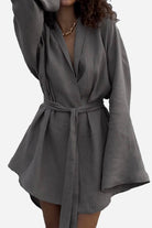 Gray cotton-linen blend luxury spa robe with relaxed kimono fit and belt