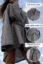 Gray cotton-linen blend luxury spa robe with shawl collar, adjustable waist tie, and relaxed kimono sleeves