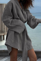 Gray cotton-linen blend luxury spa robe with relaxed kimono fit and belt detail