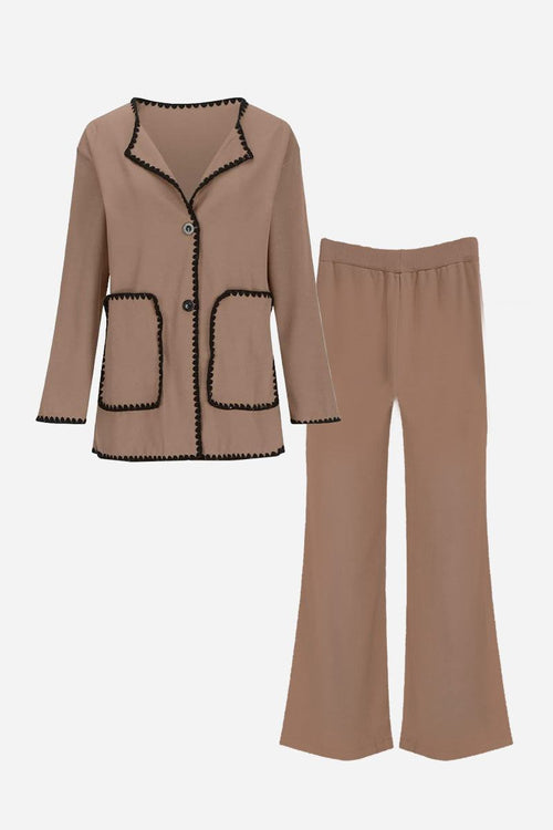 Brown contrast-trim knit cardigan with matching pants set for comfortable all-day wear