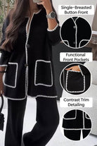 Black contrast-trim knit cardigan set with button front, functional pockets, and detailed edging
