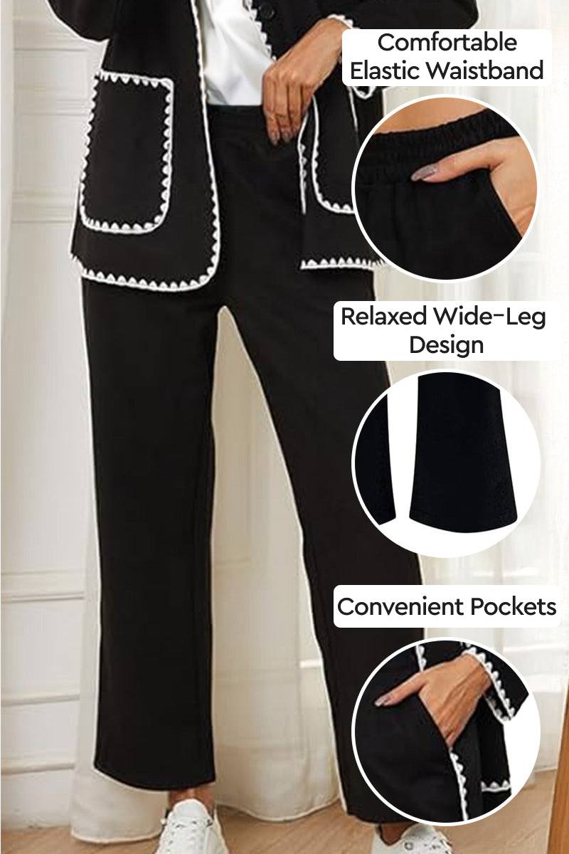 Black contrast-trim knit cardigan set with elastic waistband, wide-leg pants, and convenient pockets