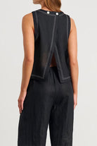 Back view of black Cotton-Linen Relaxed two-piece set with split-back top and wide-leg pants