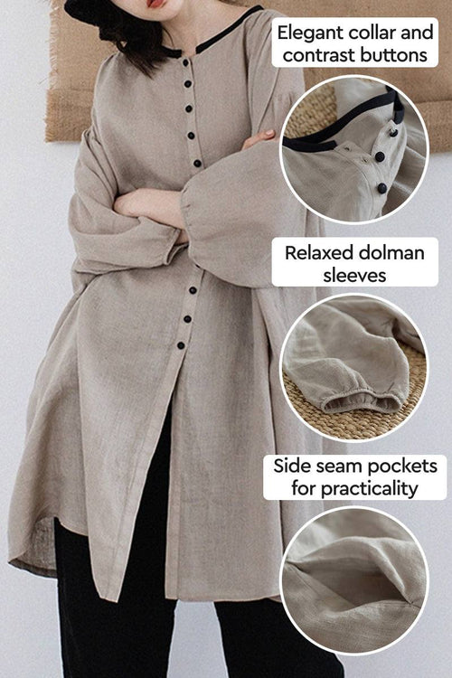 100 linen oversized button-down tunic with elegant collar, contrast buttons, relaxed dolman sleeves, and side seam pockets in neutral grey