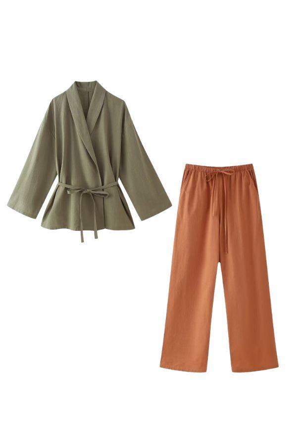 Mix-Match Lounge-to-Travel Set with wide-leg pants and belted top in earth tones for stylish comfort and easy outfit coordination