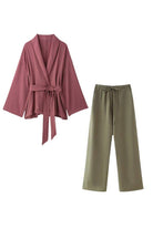Dusty rose loose wrap top with ties and olive wide-leg pants mix-match lounge-to-travel set