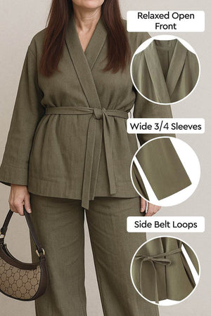 Women wearing olive green Mix-Match Lounge-to-Travel Set with relaxed open front, wide 3/4 sleeves, and side belt loops.