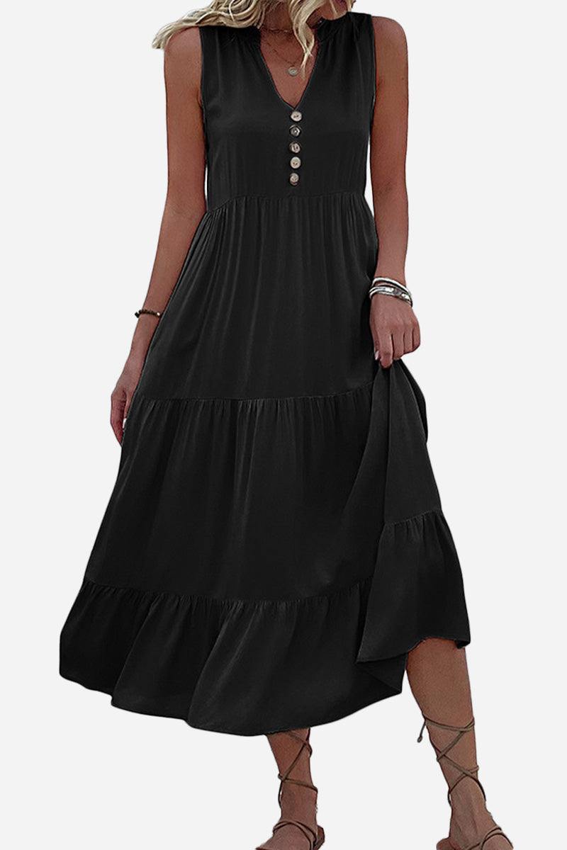Bohemian tiered midi dress in black with V-neck button detail and flowing A-line silhouette