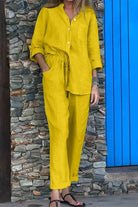 Yellow casual chic two-piece set with button-up shirt and drawstring pants