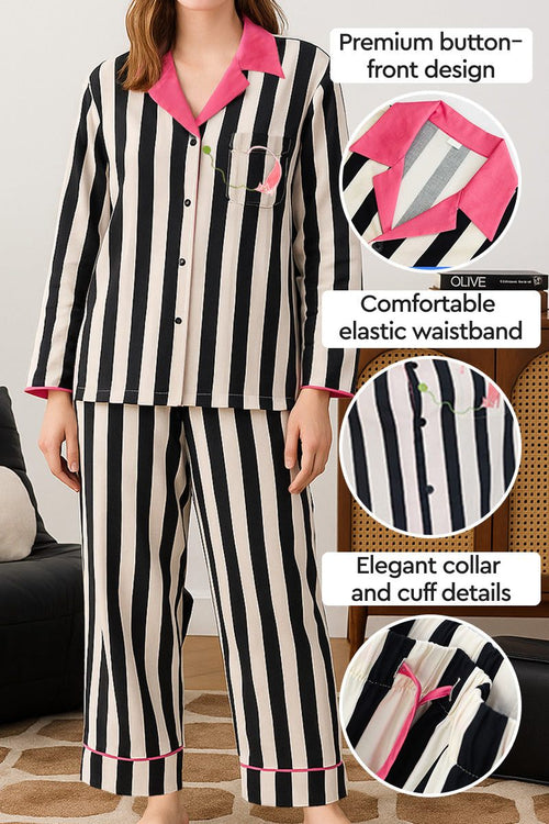 Premium moisture-wicking cotton-tencel striped pajama set with elastic waistband and button-front design