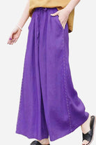 100% linen wide-leg purple pants with elastic waist and breathable fabric