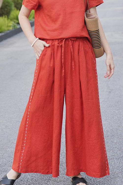 100% Linen One Size Fits All Wide-Leg Pants