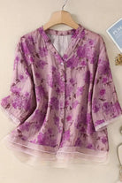 French boutique style organza floral print blouse with lightweight, breathable fabric and elegant purple flowers