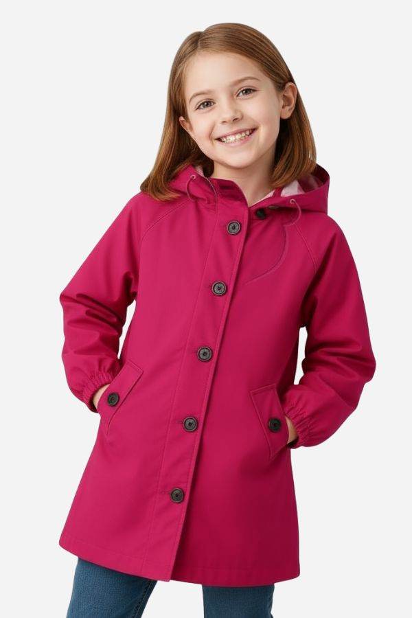 Junior water resistant oversized hooded windbreaker rain jacket for kids in bright pink color