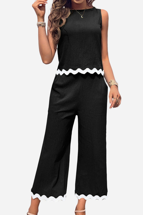Scalloped Trim Sleeveless Top & Wide Leg Pants Set