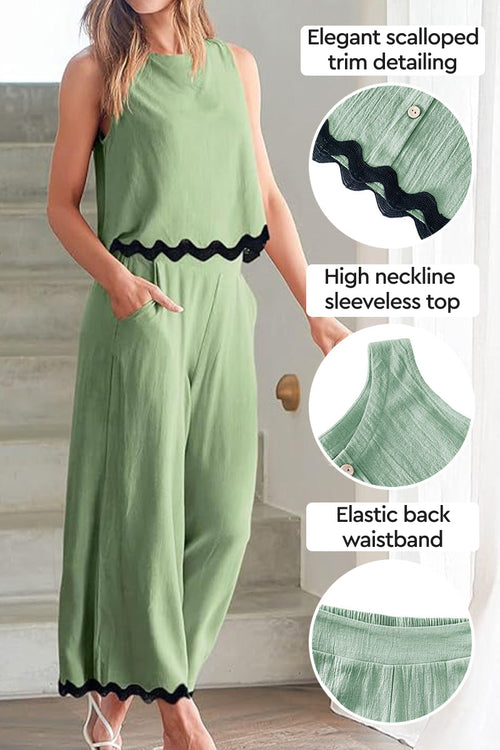 Scalloped Trim Sleeveless Top & Wide Leg Pants Set